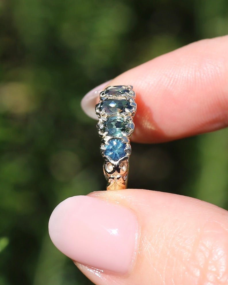 2.08ct Parti Sapphire Five Stone Ring,London Made 1989 9ct yellow Gold, size P1/2 or 8, 3.07g