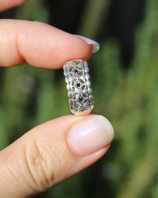 Black Diamond Filigree Ring, Sterling Silver, size O or just over 7 fits more like an N- N1/2, 3.4g