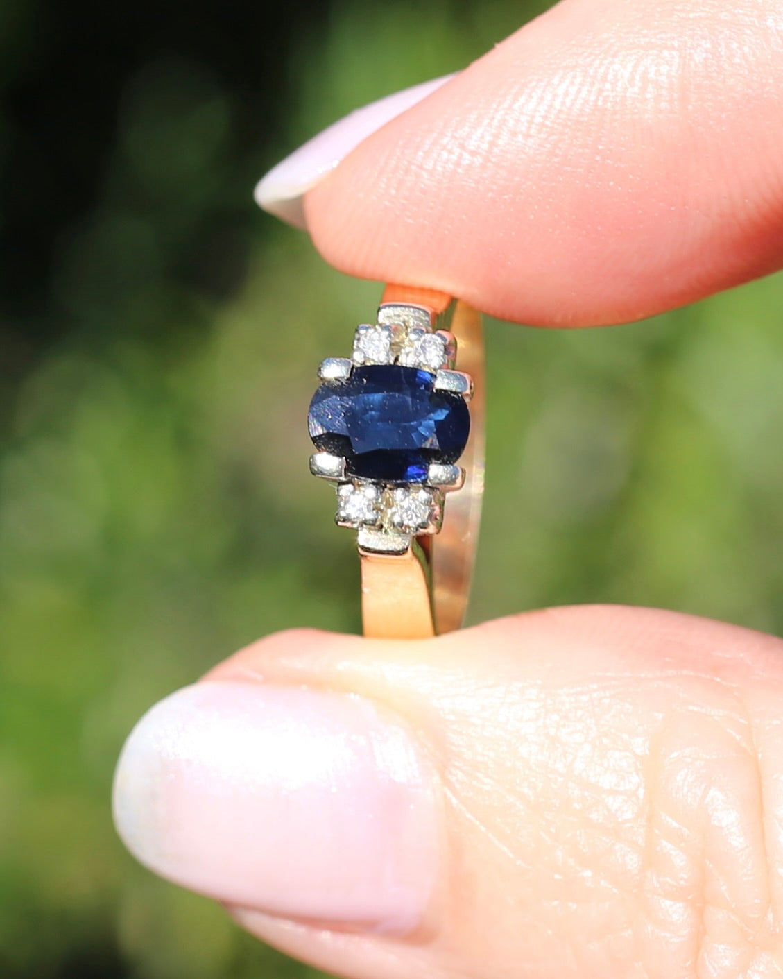Circa 1970s Natural Sapphire and Diamond Ring, 9ct Yellow and White Gold, size M or 6.25, 4.19g