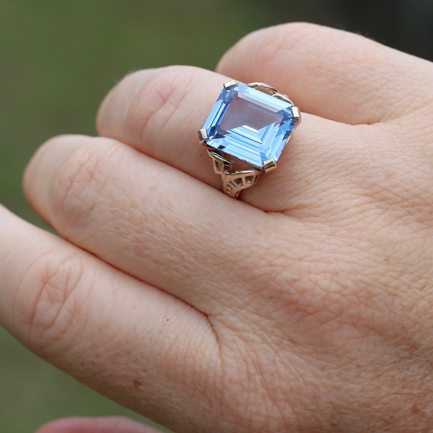 Mid Century Emerald Cut Blue Spinel Cocktail Ring, size N1/2 or 6.75