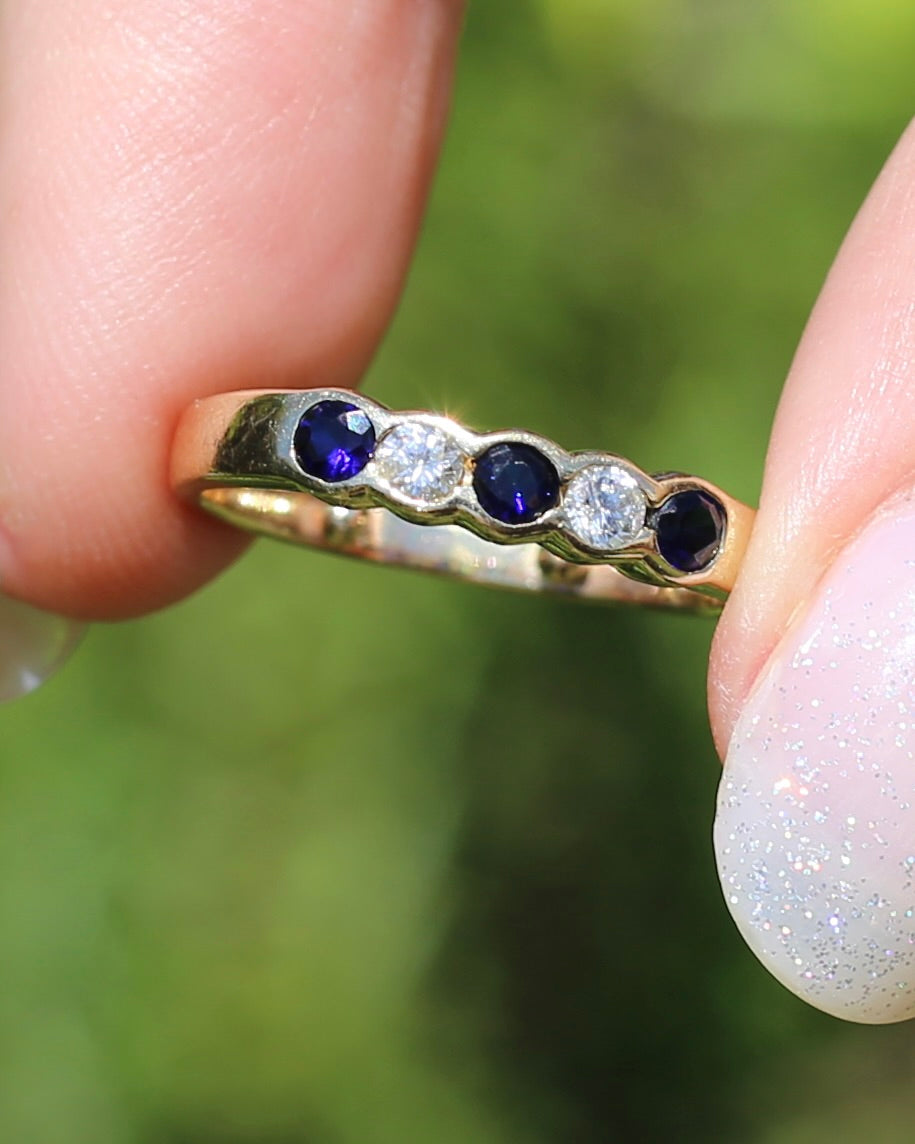 Second Glance - Five Stone Sapphire and Diamond Semi Bezel Ring, 9ct Yellow Gold, approx size N or 6.75 with Arthritis Balls, 2.42g