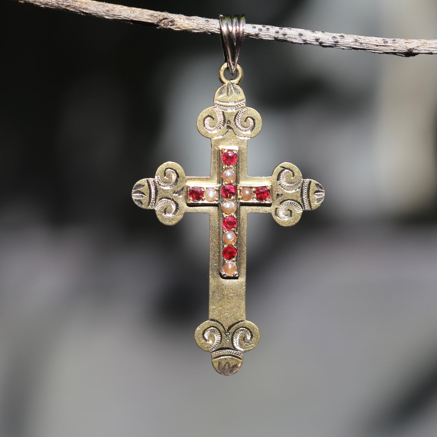 Antique 15ct Ruby and Pearl Crucifix by Australian Jeweller Willis and Sons, 15ct Gold