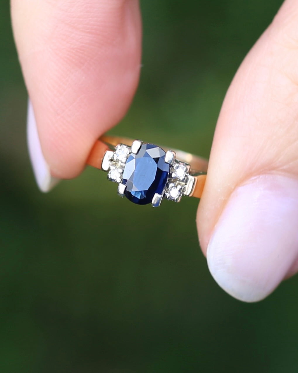 Circa 1970s Natural Sapphire and Diamond Ring, 9ct Yellow and White Gold, size M or 6.25, 4.19g