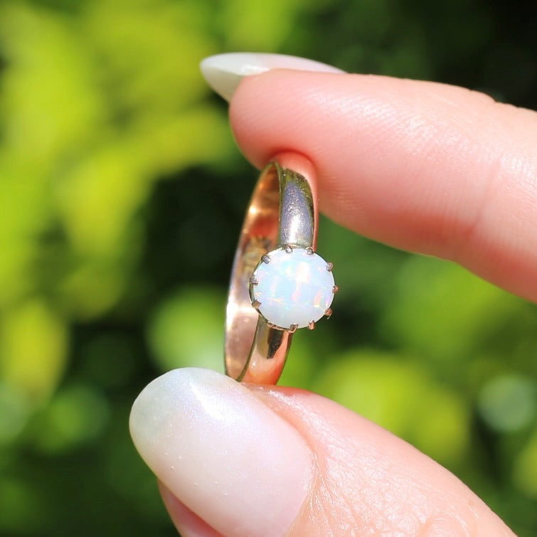 Early Australian 11 Multi Claw White Round Opal Ring, 9ct Old Rosey Gold, size 10 or U