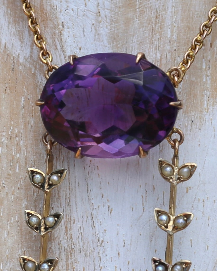 Antique Early Australian Joseph Lawrence Amethyst and Seed Pearl Negligee Necklace, 9ct Yellow Gold,