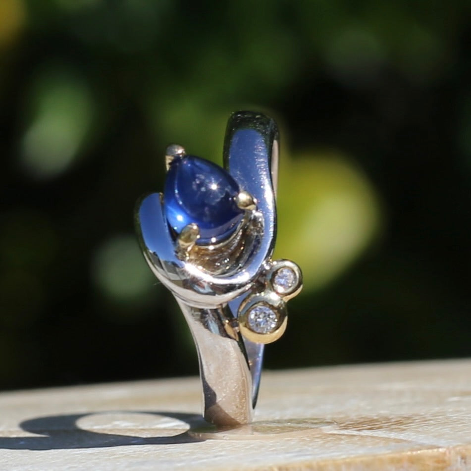 Chunky Asymetrical Mixed Metal Pear Sapphire Cabochon and Diamond ring, 18ct Yellow and White Gold, size 7.5 or just over O1/2