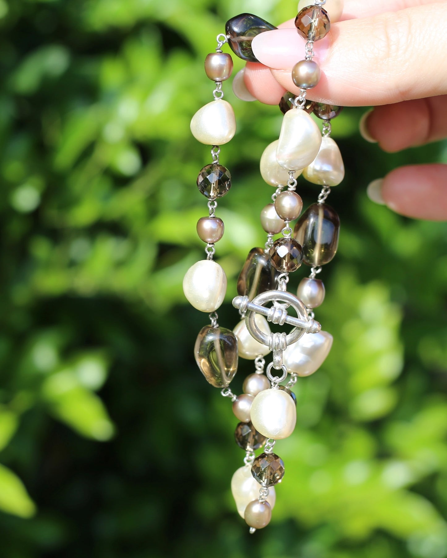 Baroque White Pearl, Grey Pearl and Smoky Quartz Neckalce, Silver Clasp and Findings, 43g