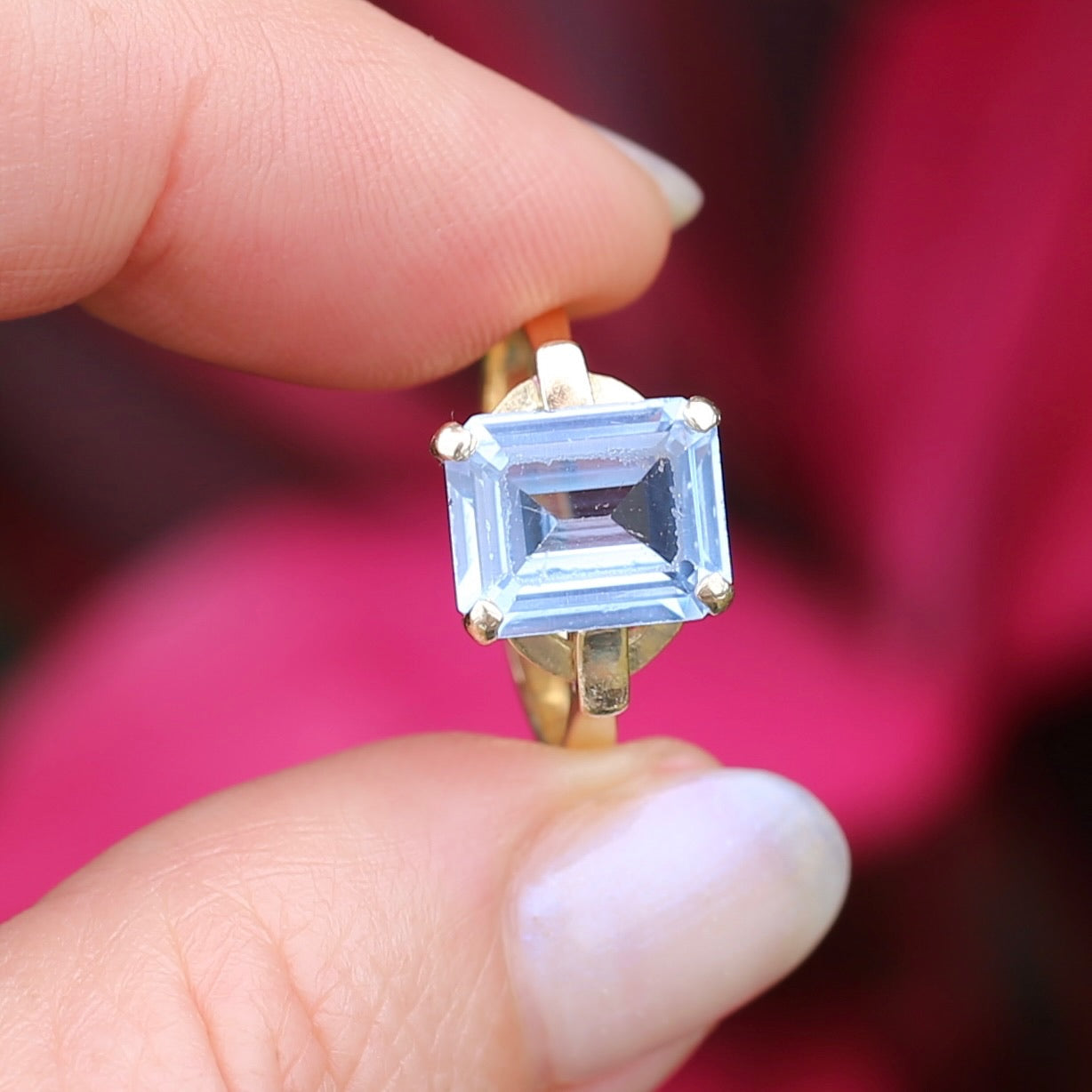 Emerald Cut Synthetic Blue Spinel in Gorgeous Art Deco Setting, 14ct Yellow Gold, size O or 7.25