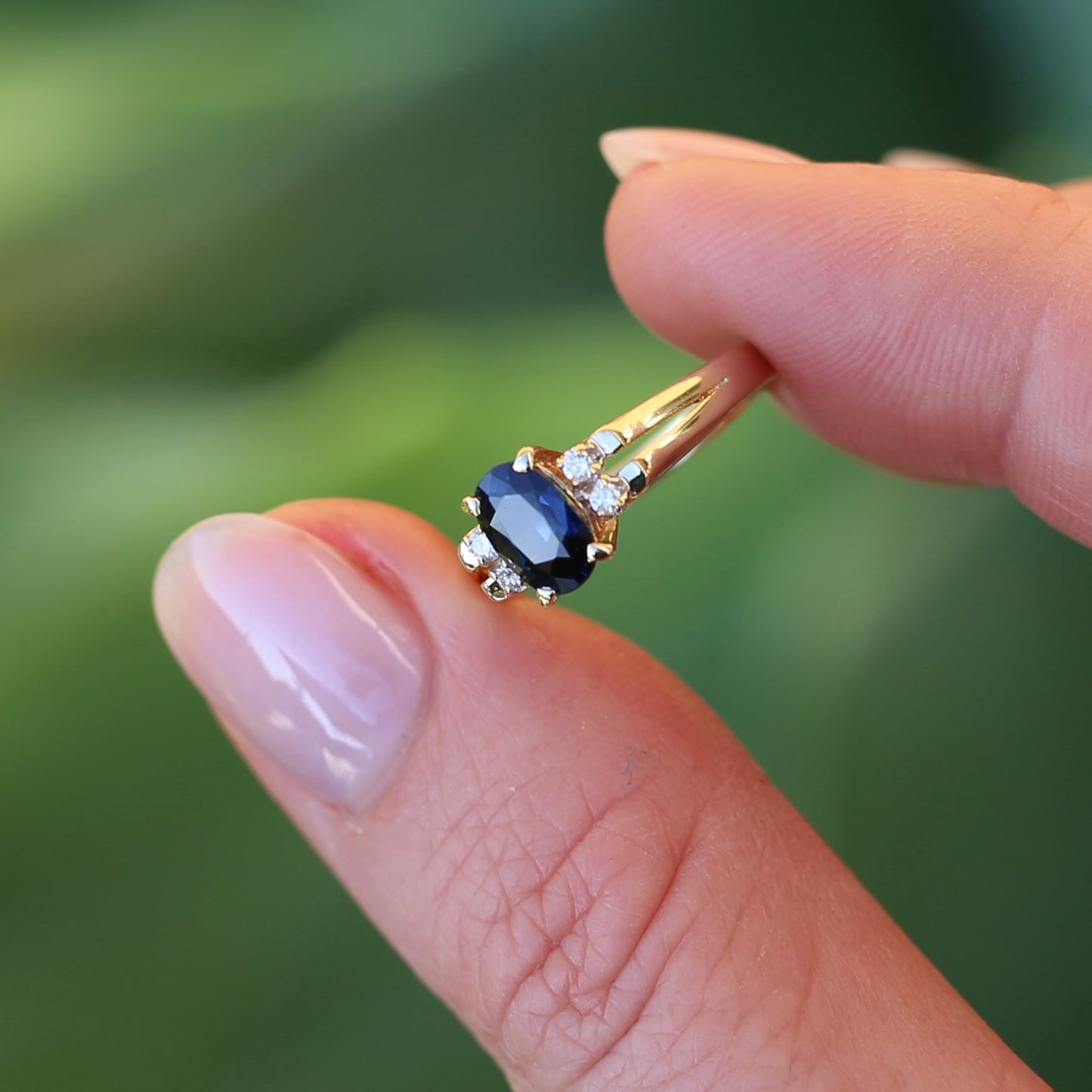 Oval Natural Blue Sapphire with Diamonds, Art Deco Feel Ring, 14ct Yellow Gold, size N or 6.75