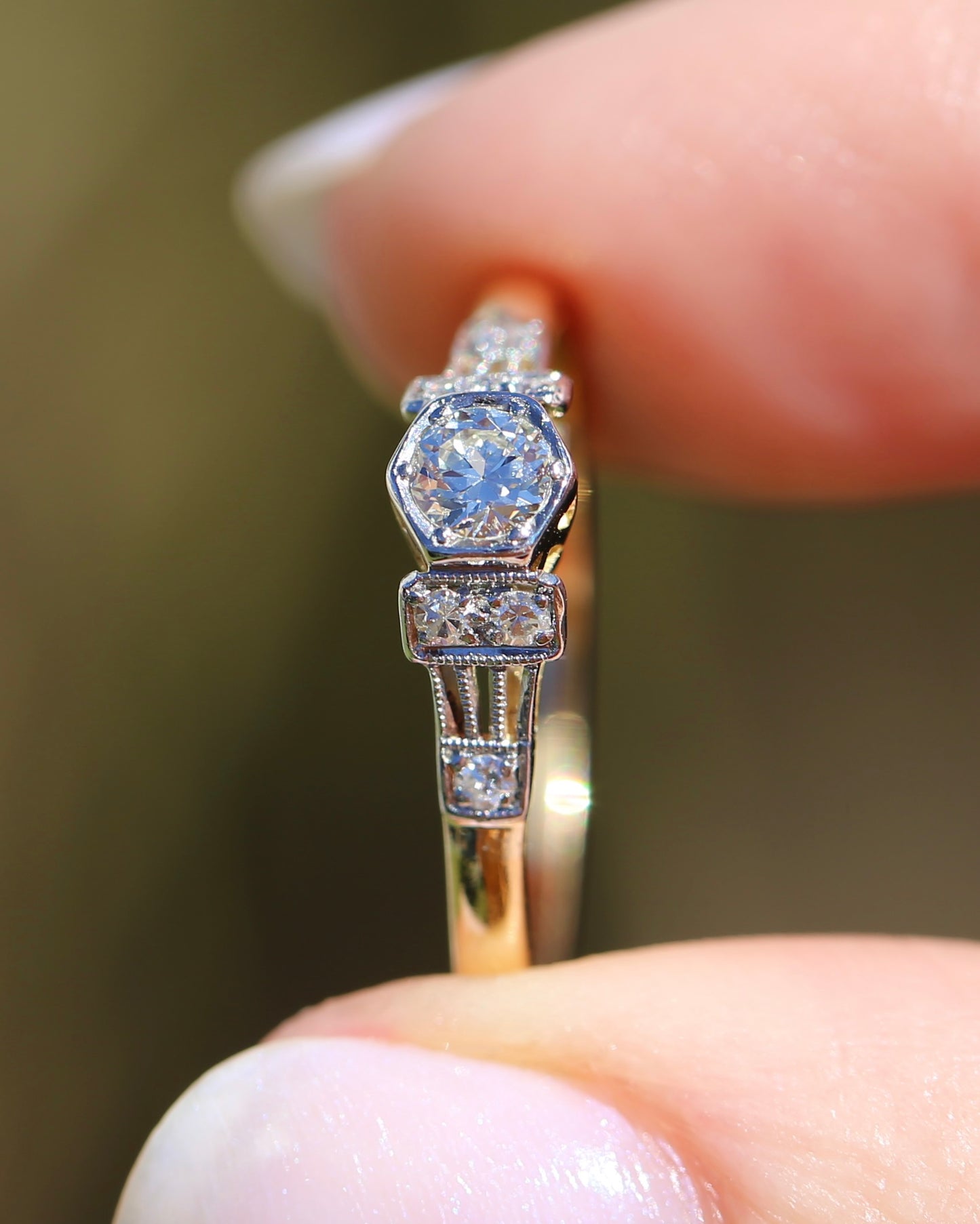 Hexagonal Grain Semi Modern Cut Diamond and Single Cut Diamond Shoulders Ring, 18ct White and Yellow Gold, size P1/2 or 8, 2.58g, with valuation