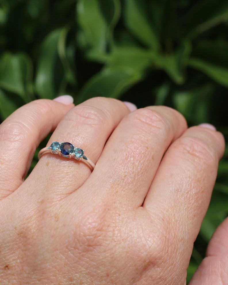 0.85ct Natural Parti Sapphire Trilogy Ring, Sterling Silver, size Q or 8.25, 1.98g