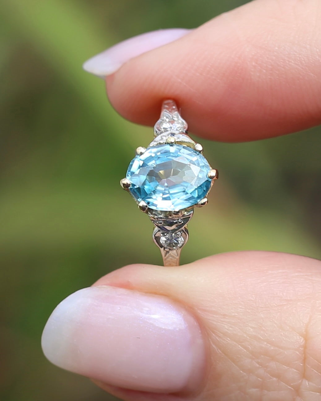 Circa 1930s Art Deco Blue Zircon and Diamond Ring, 18ct size just over M1/2 or 6.5, 2.80g