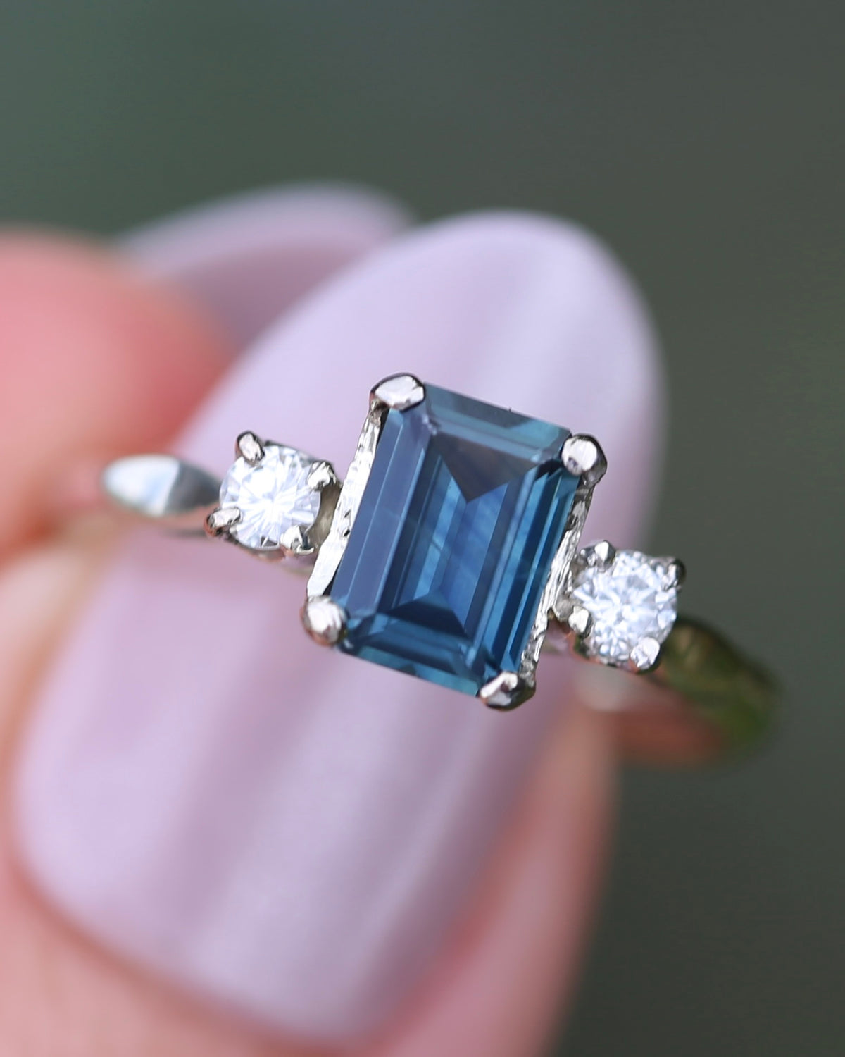 1.1ct Emerald Cut Natural Blue Teal Sapphire and Diamond Trilogy, 18ct White Gold and Platinum, size O or just over 7, 2.27g