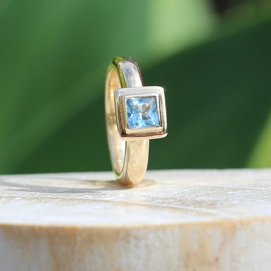 Chunky Bezel Set Princess Cut Blue Topaz, 9ct Yellow Gold, Size M1/2 or 6.5