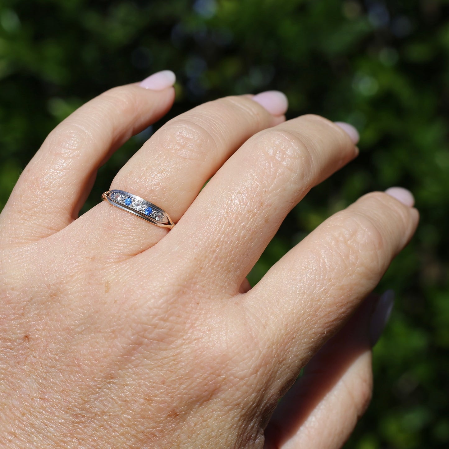 1930s 15ct Gold and Platinum 5 Stone Spinel Ring, 15ct Yellow Gold & Platinum, size M1/2 or 6.5