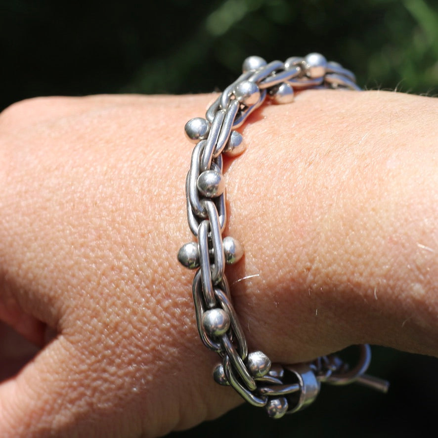 Chunky Silver Bracelet with Overlapping Loops and Dot Ball Detail, 45.3g