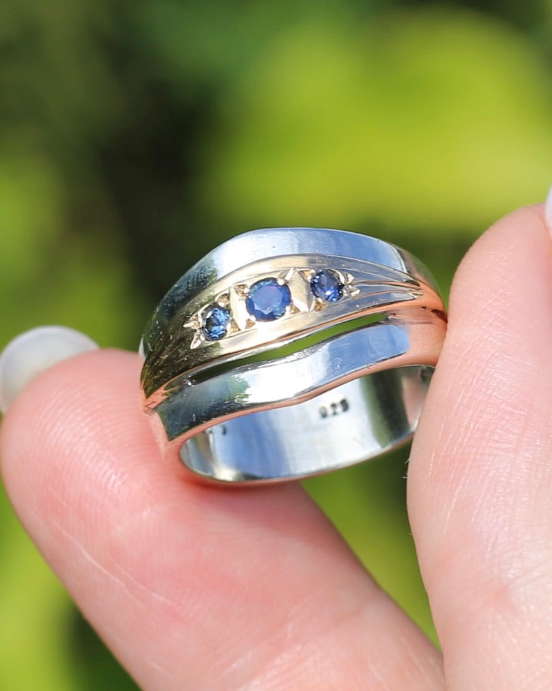 Mixed Metal Wide Band Featuring 3 Rubyvale Sapphires Mined in 1992, Sterling Silver and 14ct Yellow Gold, size O or just over 7 (fits more like an M1/2 or N), 6.81g