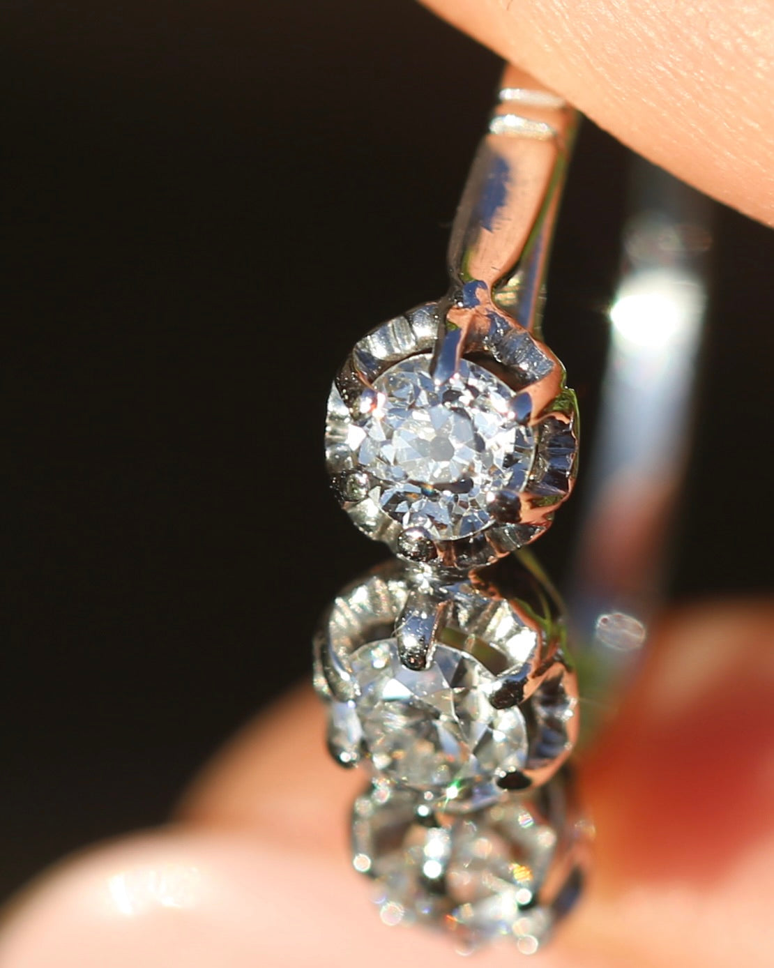 Circa 1930s Transitional Cut Diamond Trilogy with Kozibe Effect, Platinum, size L or 5.75, 2.68g, with valuation