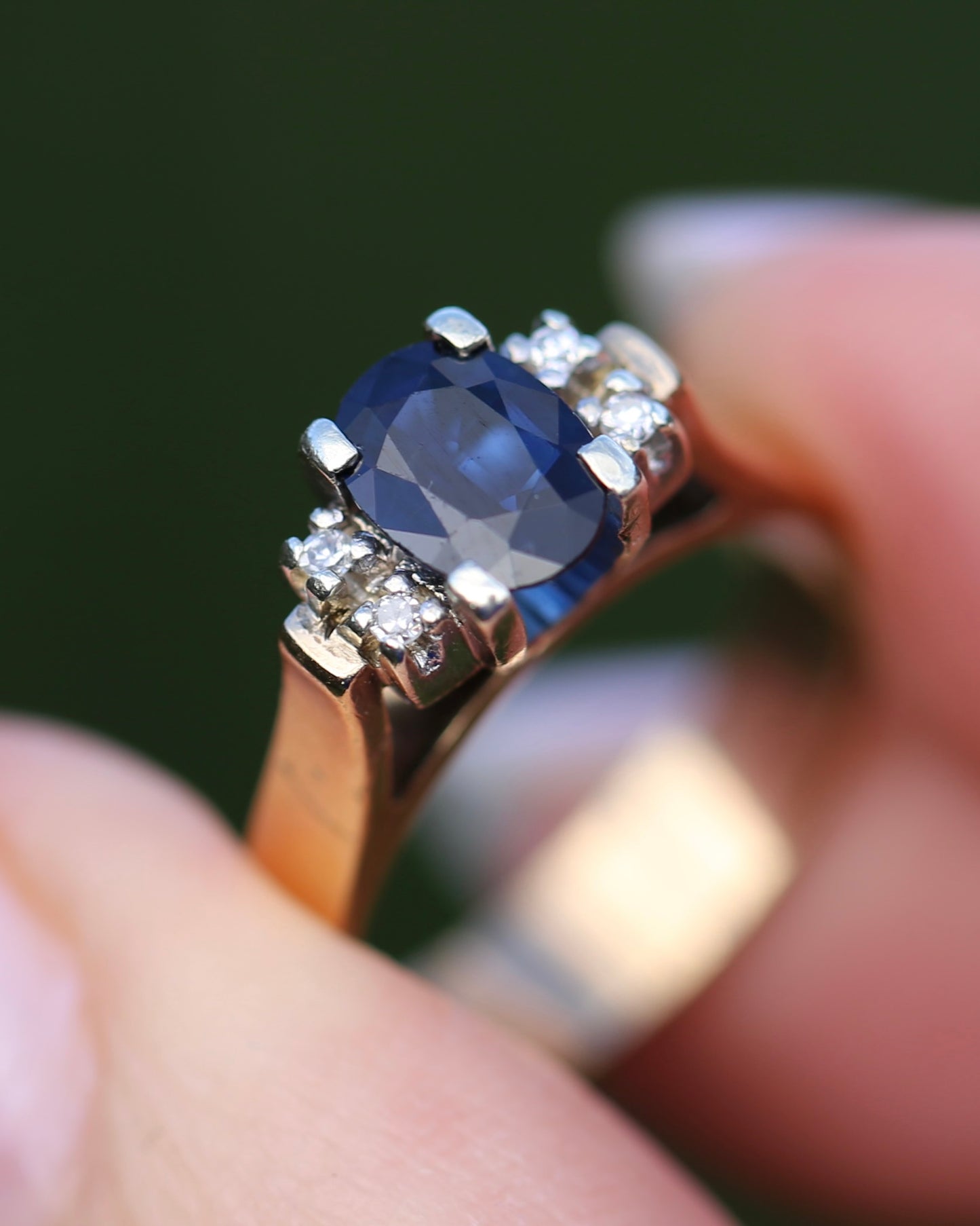 Circa 1970s Natural Sapphire and Diamond Ring, 9ct Yellow and White Gold, size M or 6.25, 4.19g