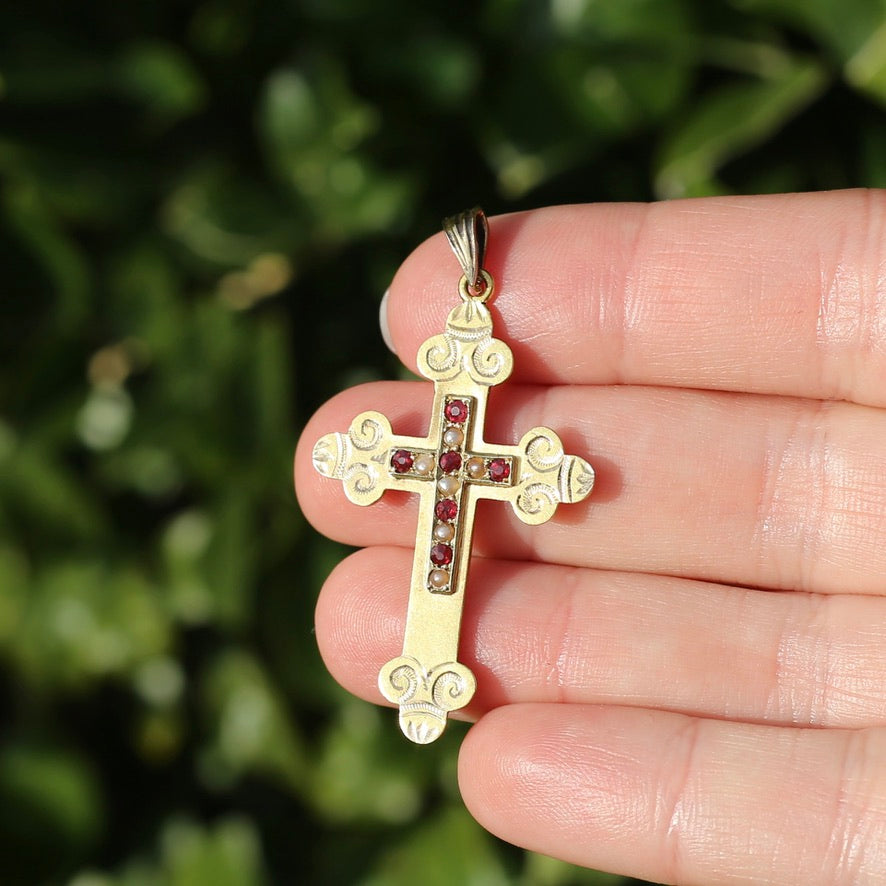 Antique 15ct Ruby and Pearl Crucifix by Australian Jeweller Willis and Sons, 15ct Gold