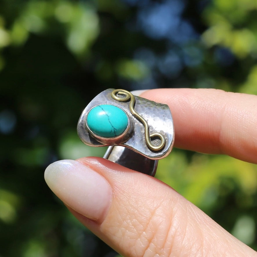 Rustic Silver and Turquoise Cuff Ring, sizeable