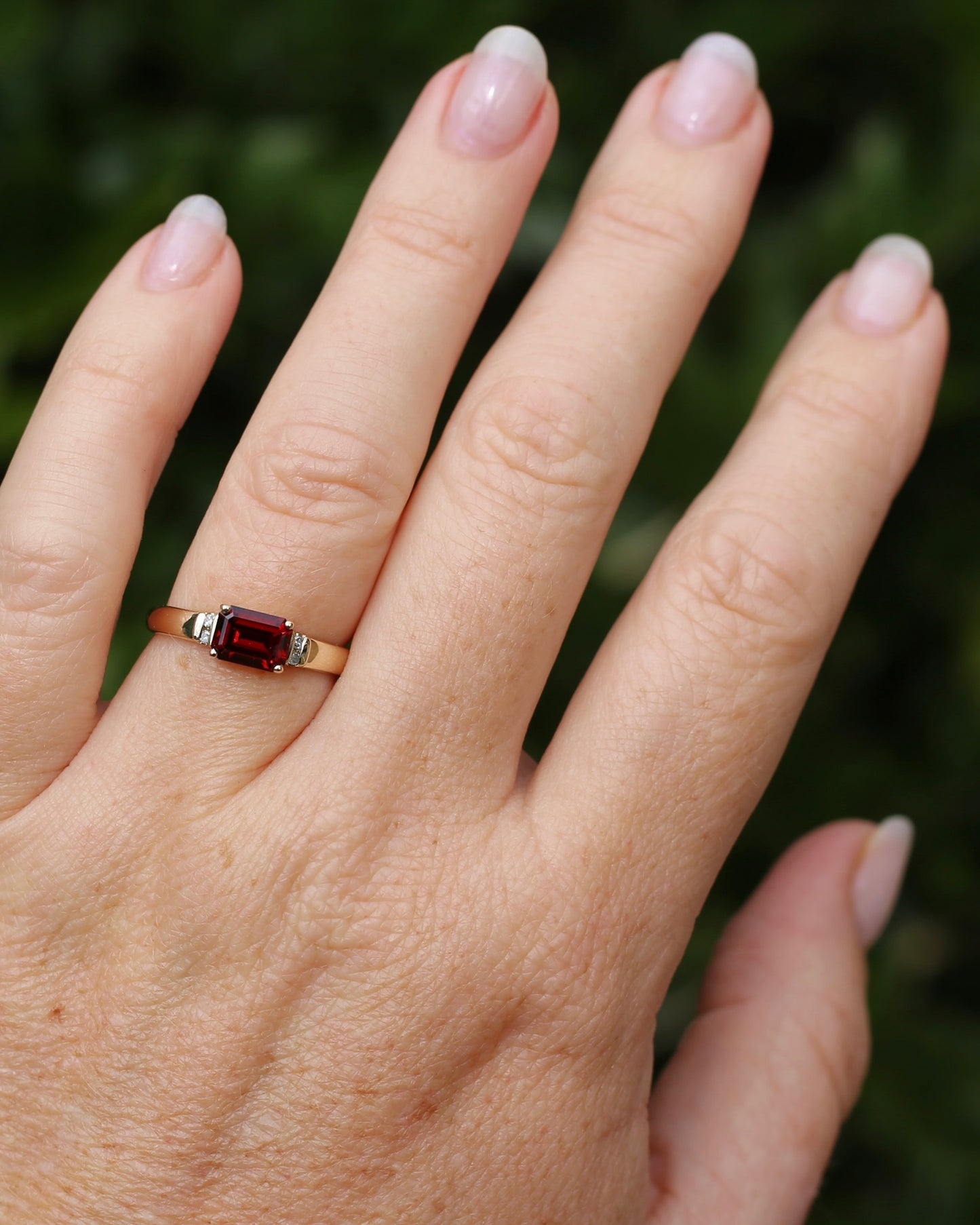 East African East West Set Emerald Cut Garnet and Diamond side stones, 9ct Yellow Gold, size P1/2 or 8