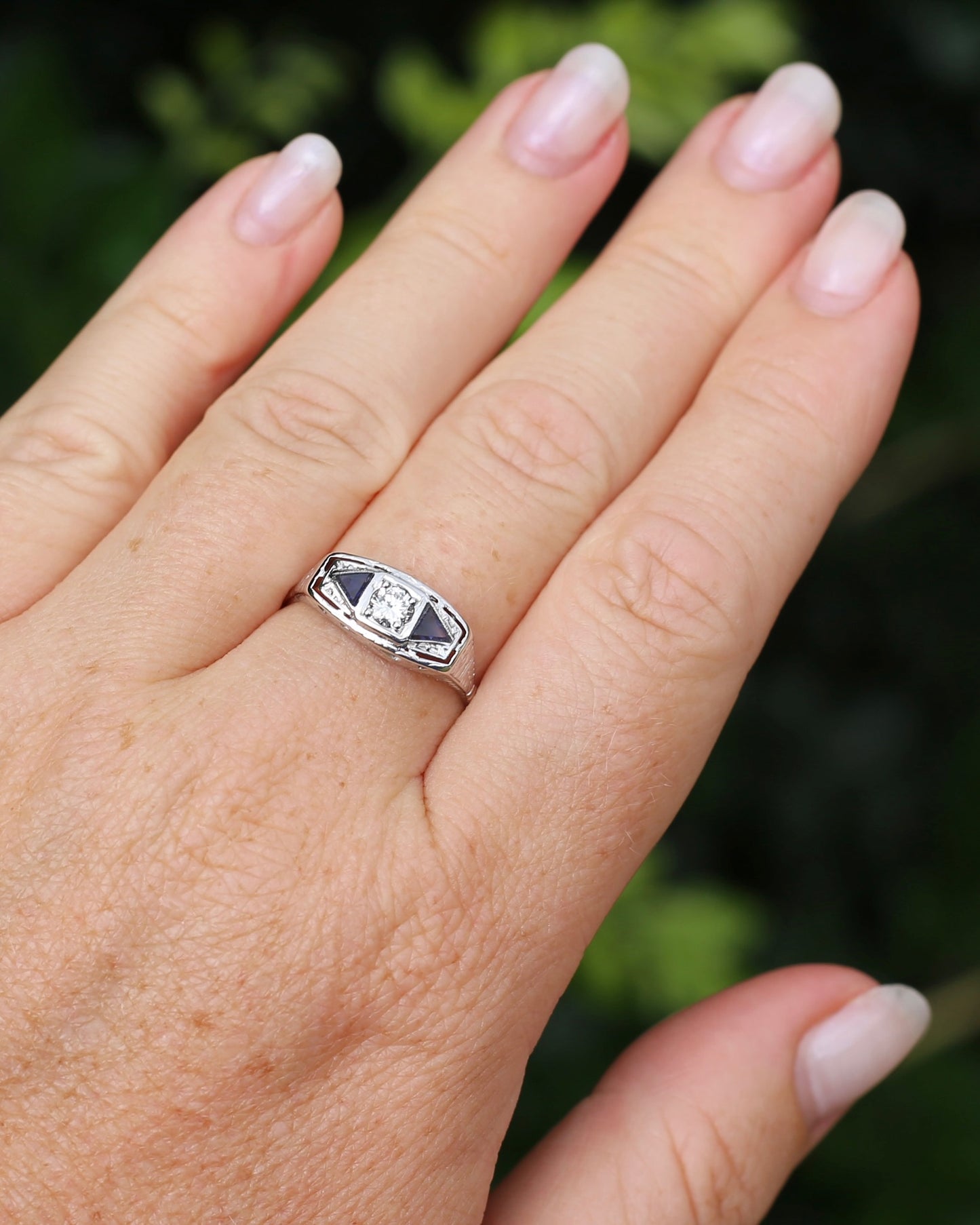 Art Deco Diamond and Sapphire Trilogy in Raised Handmade Engraved Floral Setting, 14ct White Gold, size U or 10 - offering free resize down to 7 or O, with valuation