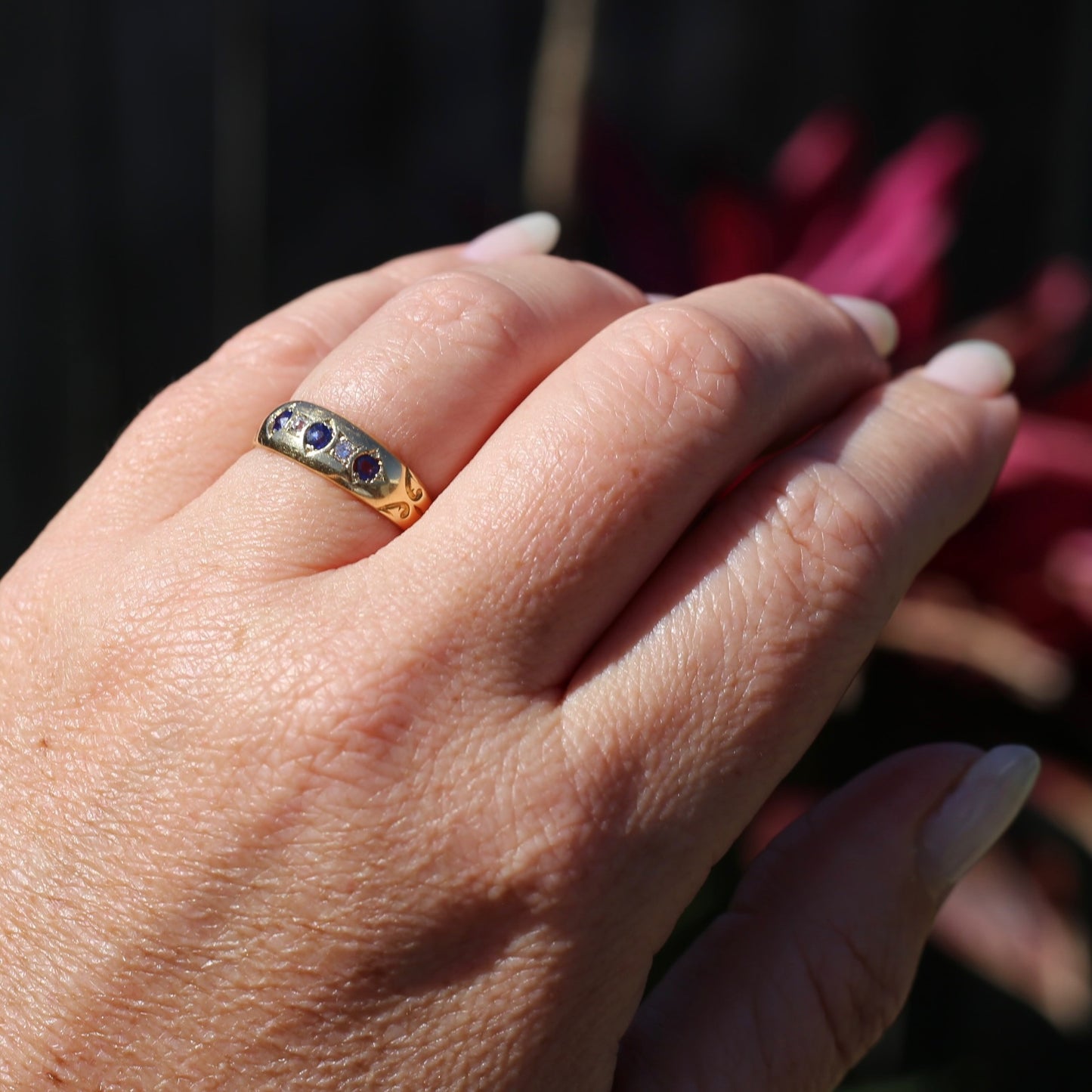 1897 Old Cut Sapphire and Diamond Five Stone Ring, 18ct Yellow Gold, size O or 7.25