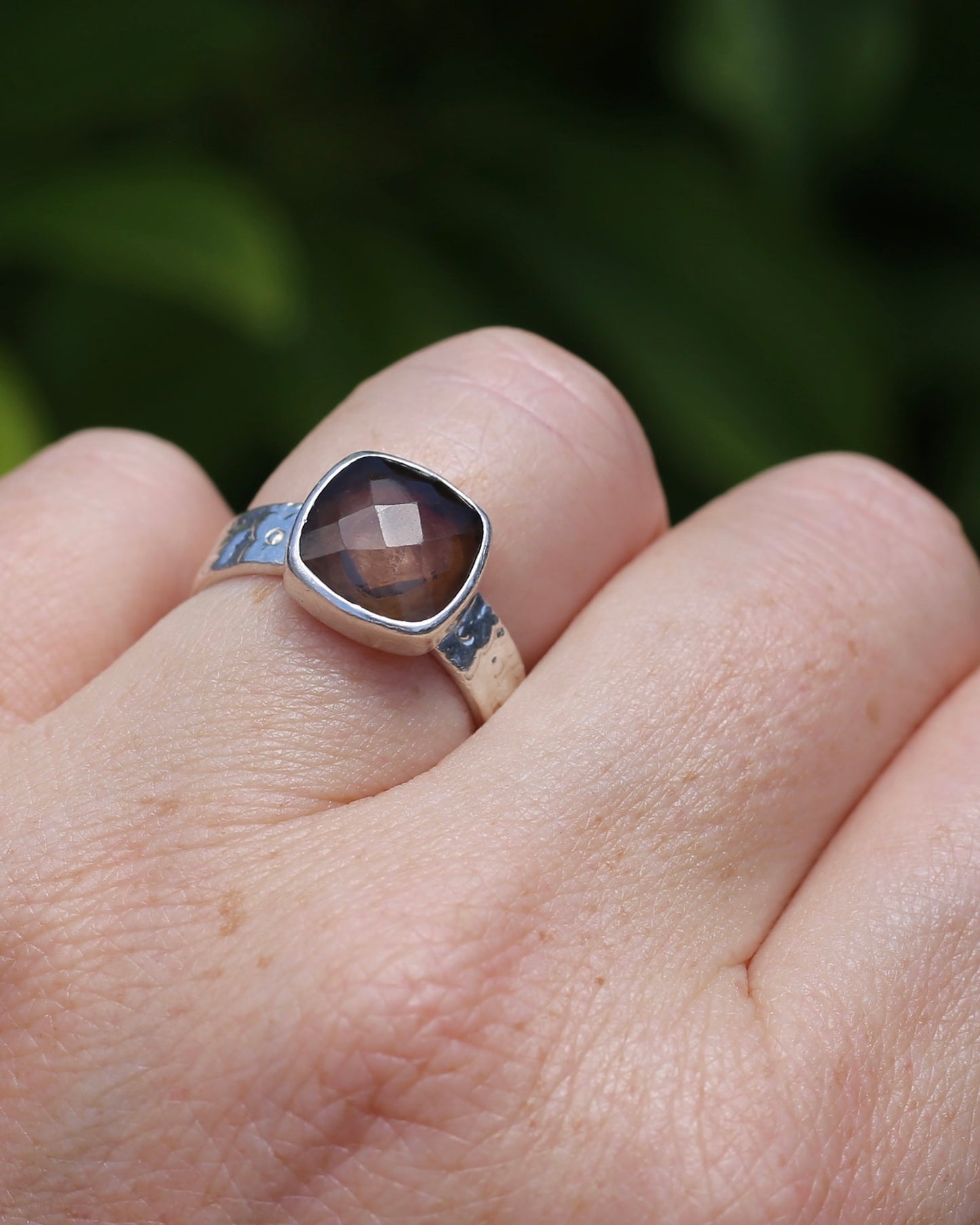 Harlequin Cut Smoky Quartz in Bezel Frame, Sterling Silver, 4.7g, size P1/2 or 8 - fits more like an O-O1/2