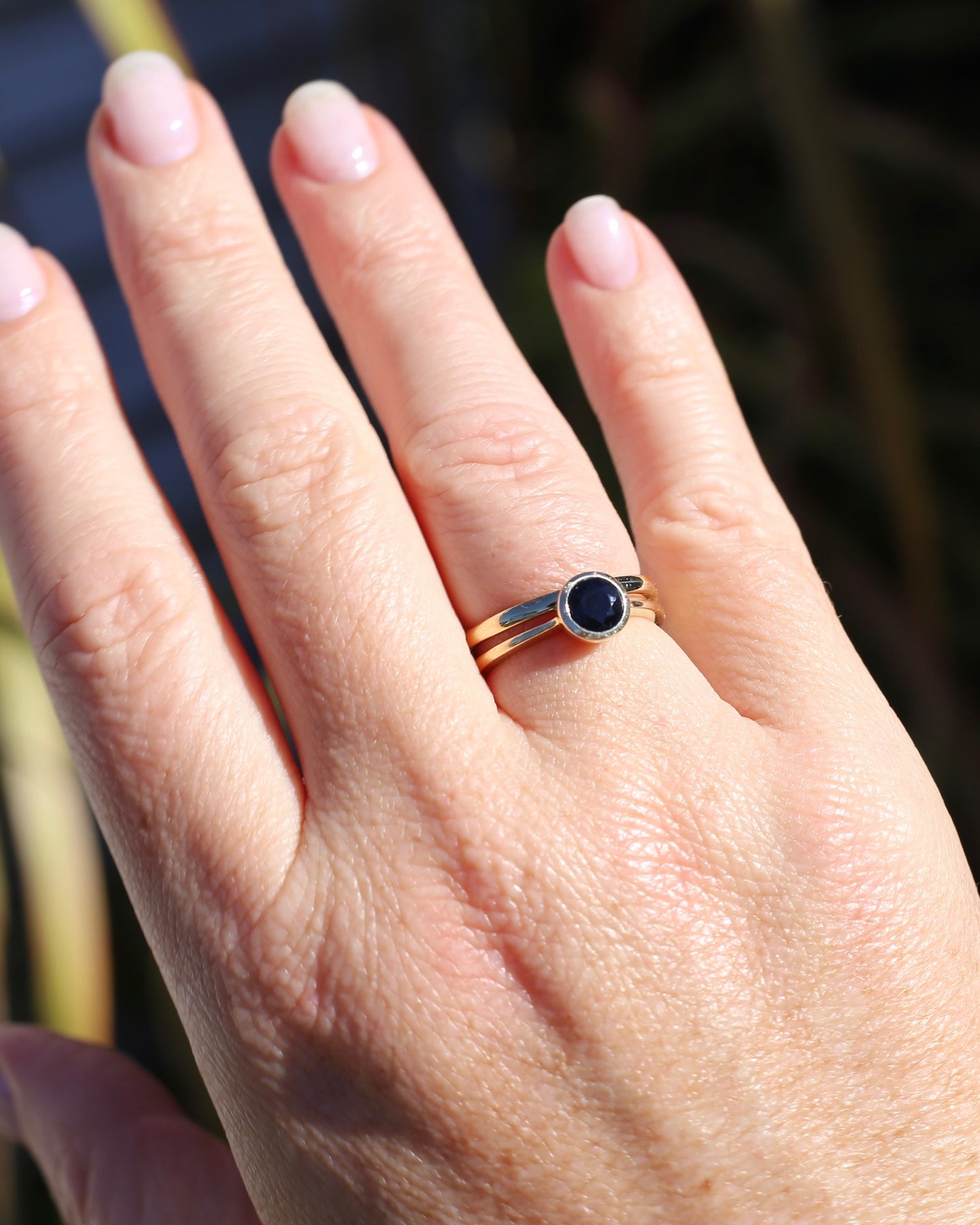 Bezel Set Opaque Navy Sapphire, 9ct Yellow Gold, size O or 7.25