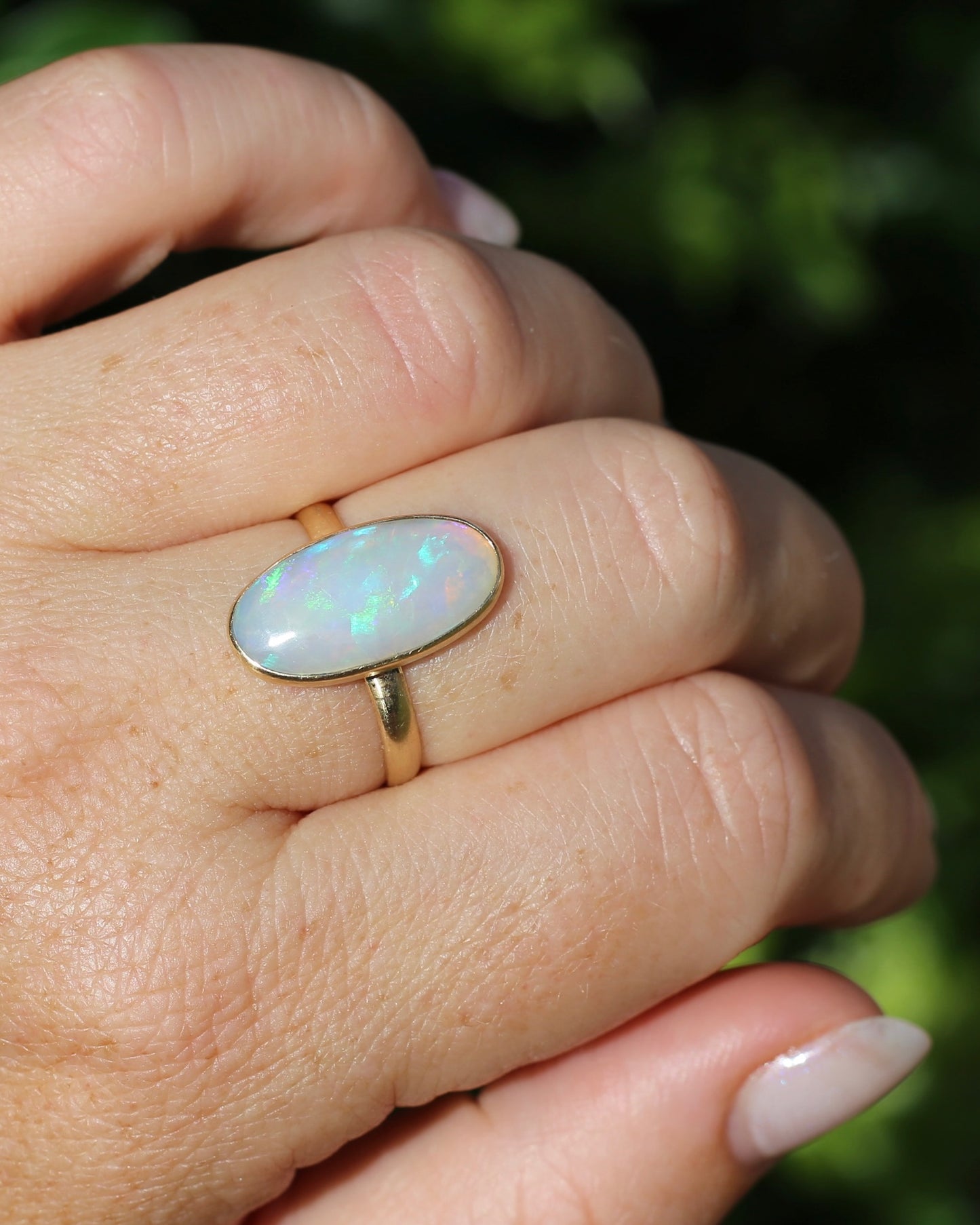 Crystal Opal Cabochon, Low Profile, in Bezel Set 9ct Yellow Gold, size T1/2 or 9.75