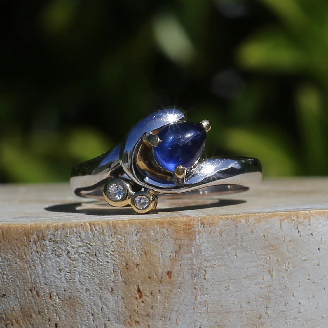 Chunky Asymetrical Mixed Metal Pear Sapphire Cabochon and Diamond ring, 18ct Yellow and White Gold, size 7.5 or just over O1/2