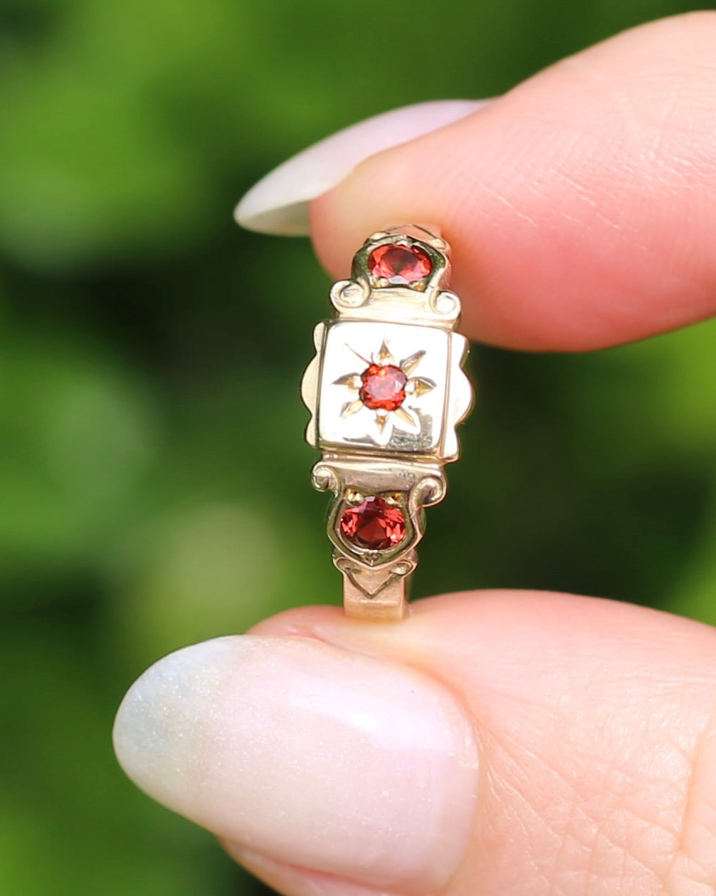 Victorian Revival Garnet Trilogy Star Set Ring, 9ct Yellow Gold, size O1/2 or just over 7.25