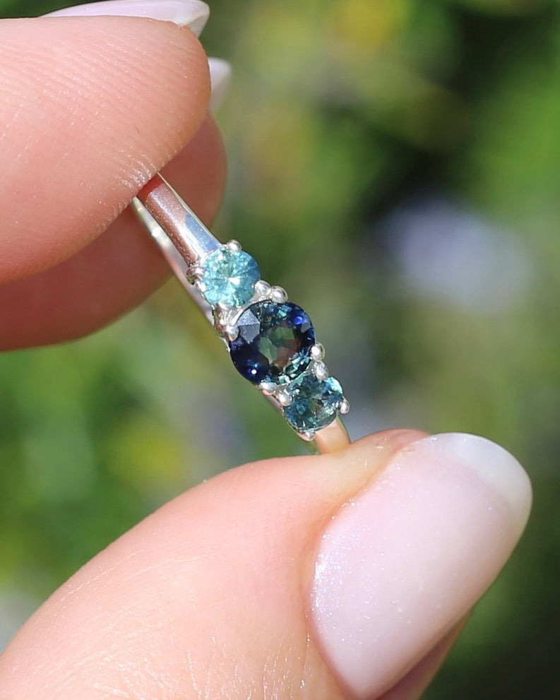 0.85ct Natural Parti Sapphire Trilogy Ring, Sterling Silver, size Q or 8.25, 1.98g