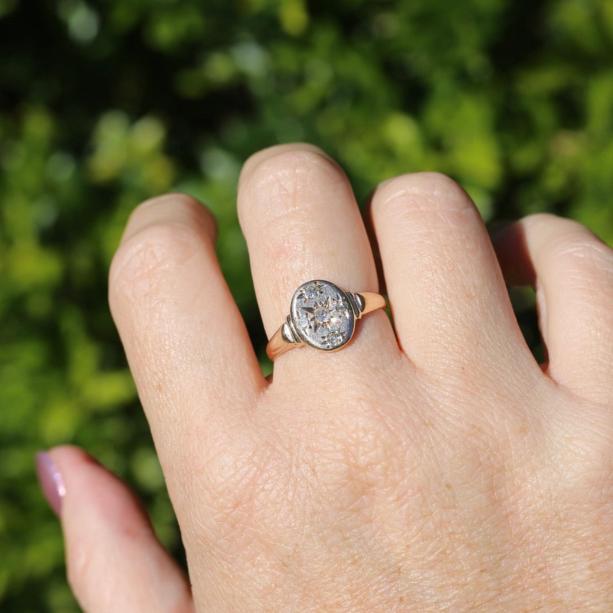 Early Australian Joseph Lawrence Signet Ring, Star Set with 5 Old Cut Diamonds, size T or 9.5