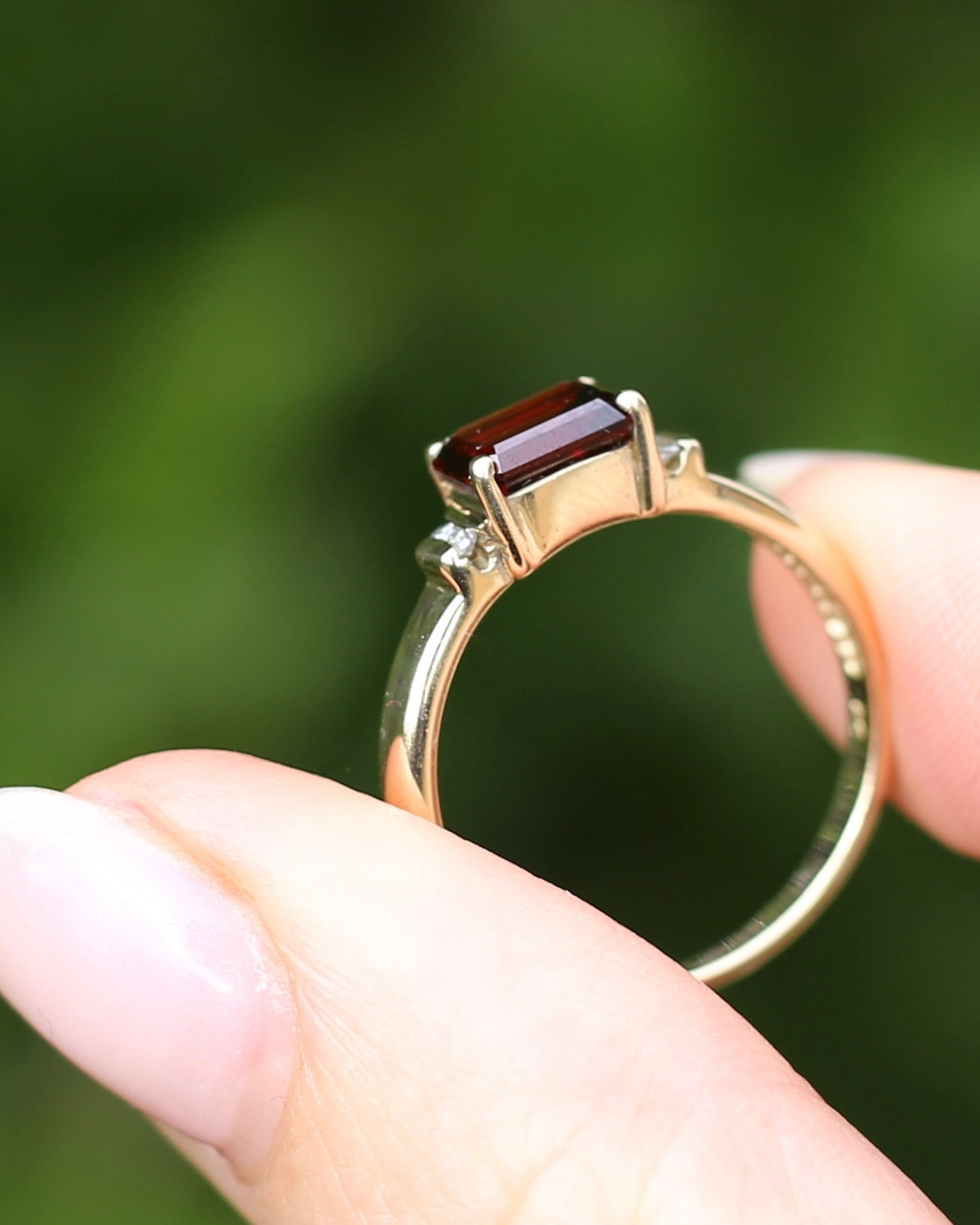 East African East West Set Emerald Cut Garnet and Diamond side stones, 9ct Yellow Gold, size P1/2 or 8