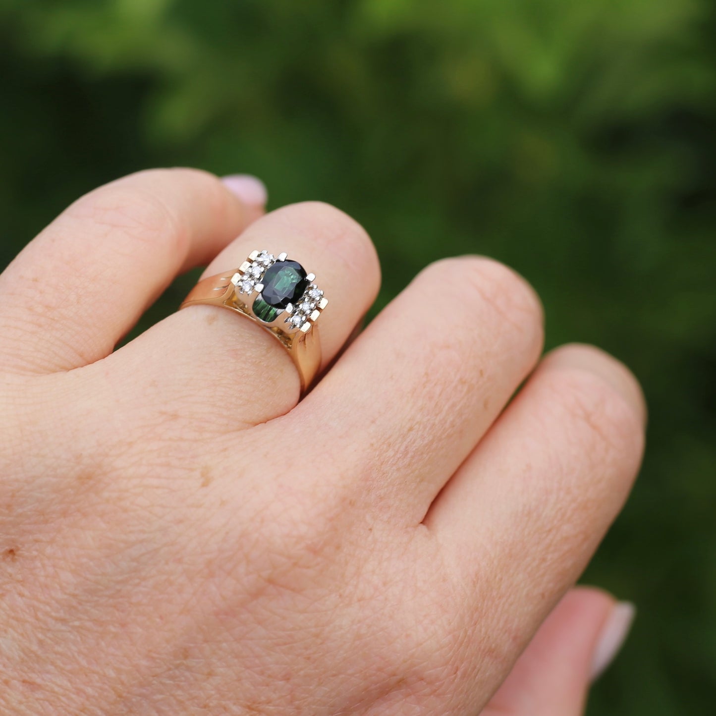 0.95ct Green Tourmaline and Diamond High Set Ring, 9ct White and Yellow Gold, size O or just over 7