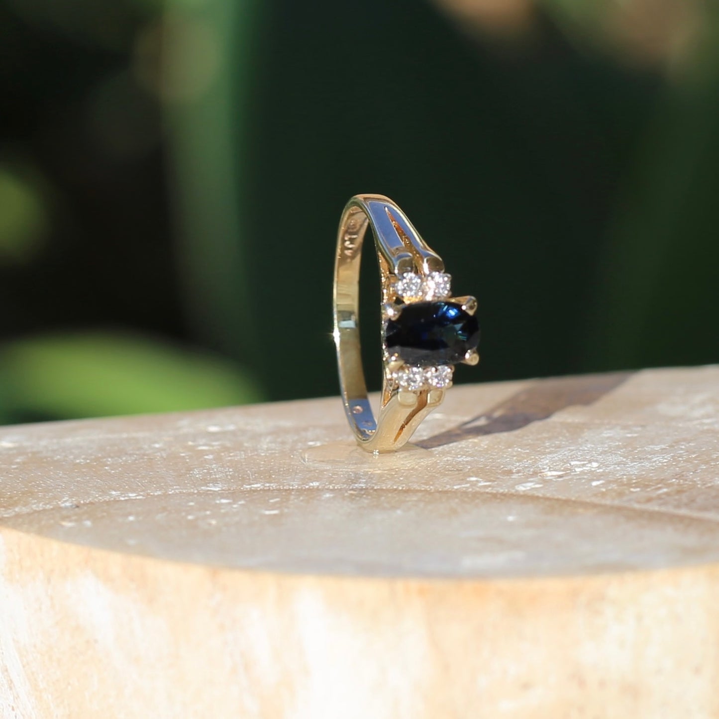 Oval Natural Blue Sapphire with Diamonds, Art Deco Feel Ring, 14ct Yellow Gold, size N or 6.75