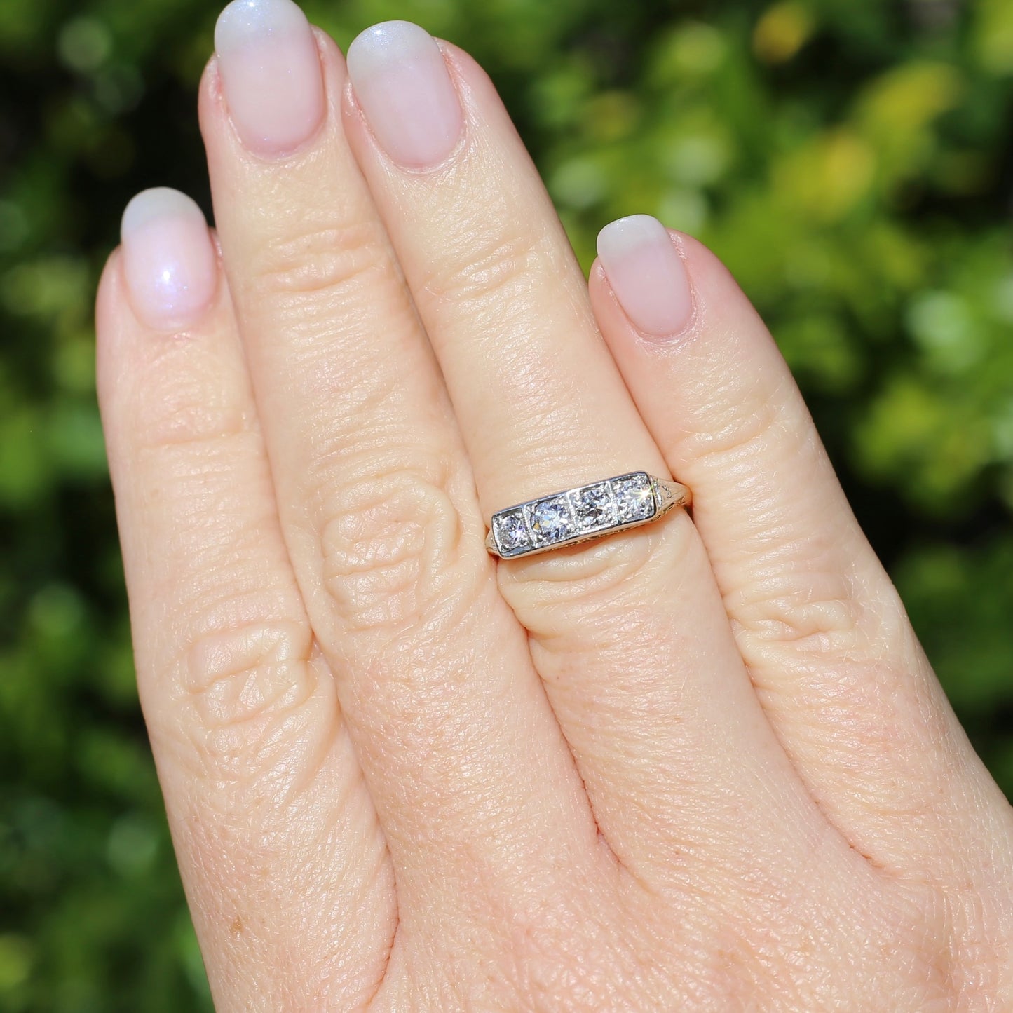 1930s 4 Stone Transitional Cut Diamond Mixed Metal Ring, 18ct Yellow Gold & Platinum, size M or just bigger than 6