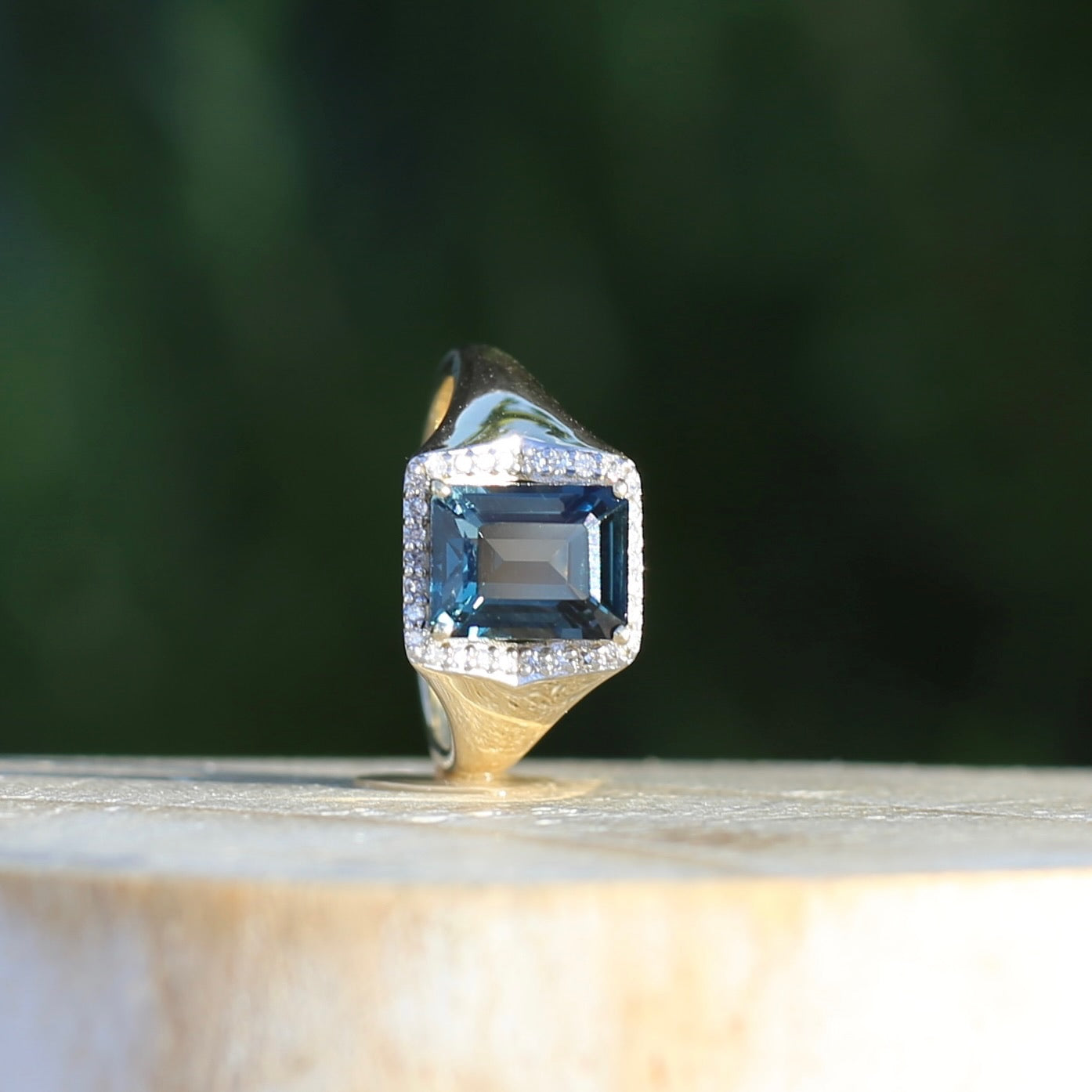 Emerald Cut London Blue Topaz Signet Ring With Diamond Halo, size N or 6.75