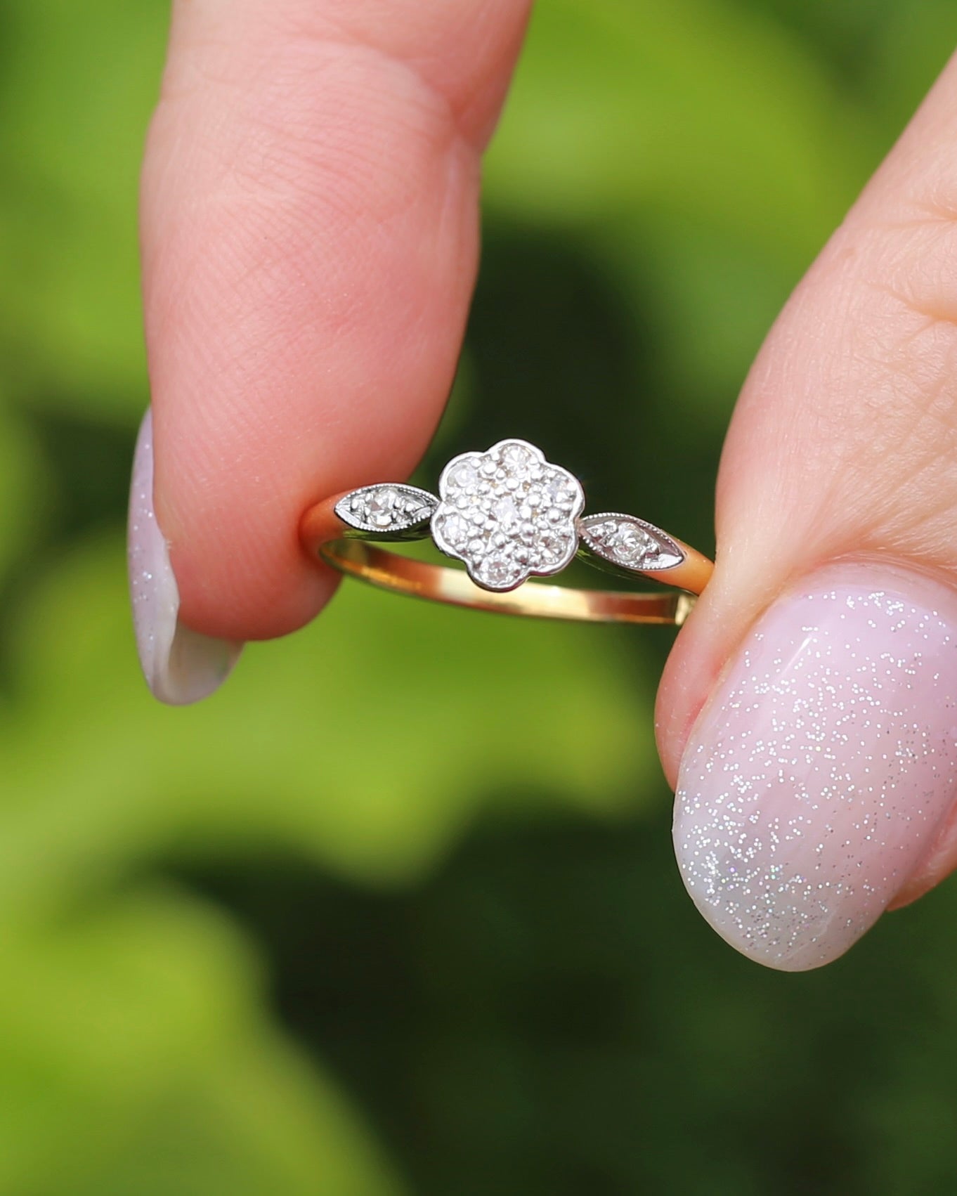 Circa 1930s Single Cut Daisy Cluster, 18ct Yellow Gold and Platinum, size M1/2 or 6.5, 2.2g