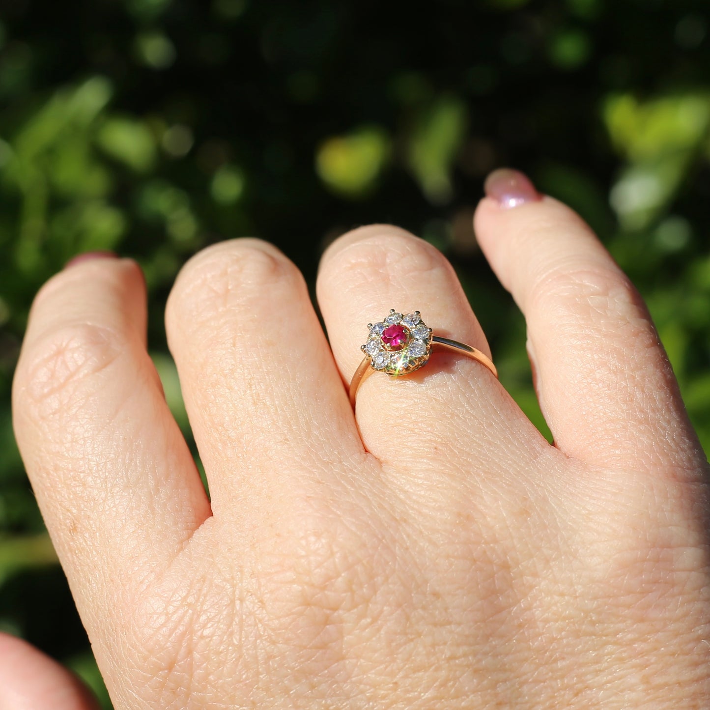 Antique Ruby and Old Cut Diamond Cluster, 15ct Yellow Gold, size O or 7.25 with valuation