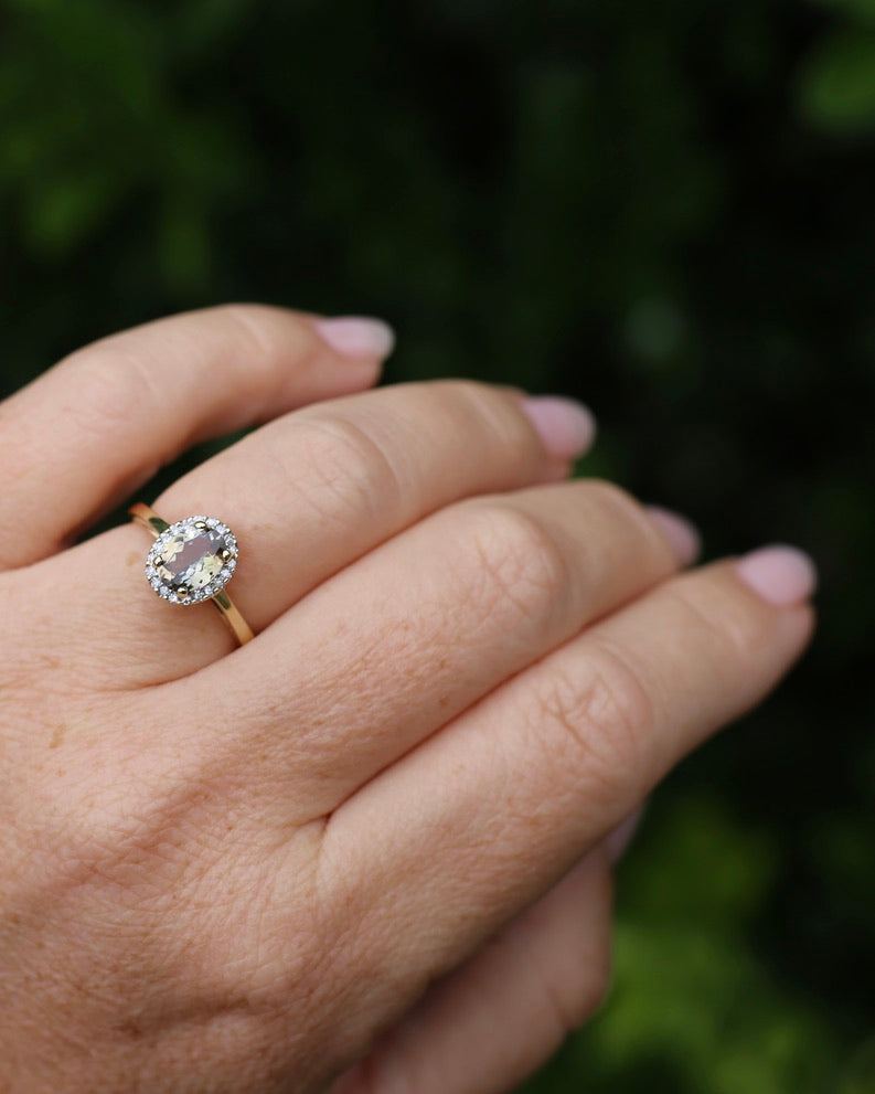 1.2ct Unheated Natural Golden Tanzanite in Diamond Halo, 10ct Yellow Gold, size O1/2 or just over 7.25, 3.0g