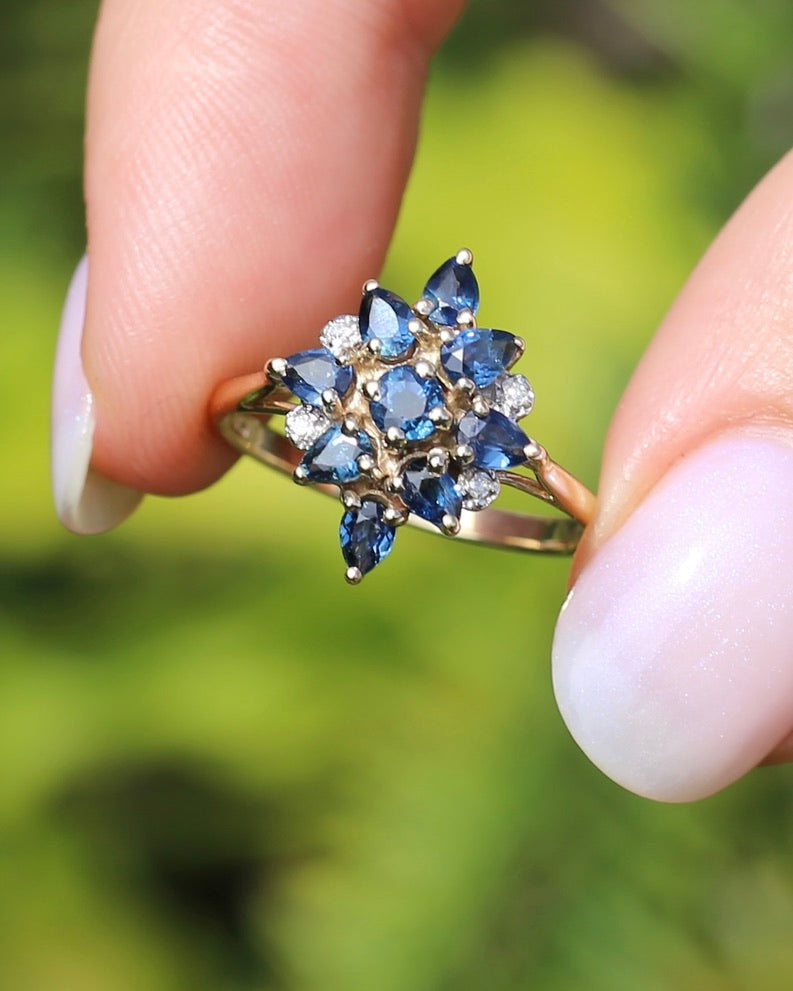 Vintage Blue Sapphire and Diamond Cluster Ring, 9ct Yellow Gold, size N or 6.75, 2.34g