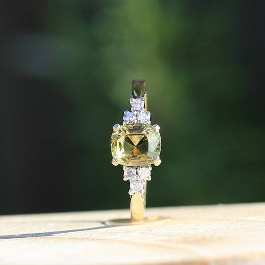 Vintage Hand Cut Oval Yellow Sapphire and Diamond Ring, 18ct Yellow Gold & Palladium, size 8 or Q