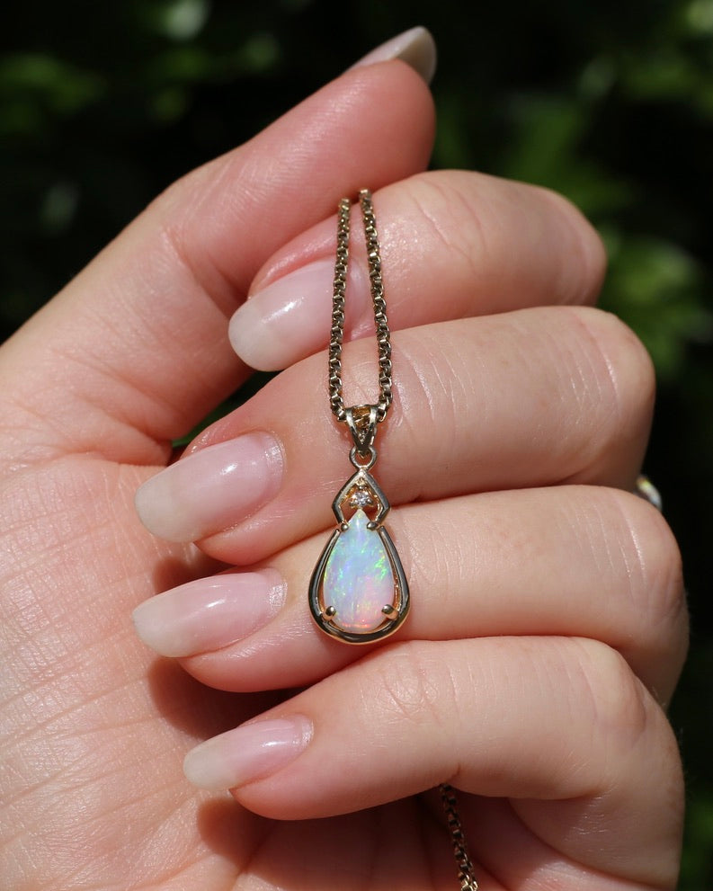 Pear Crystal Opal and Diamond Pendant, 10ct Yellow Gold, 1.5g