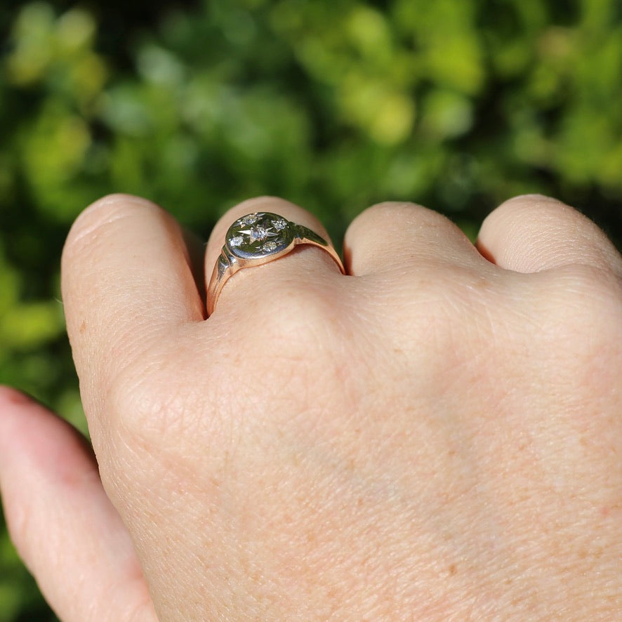 Early Australian Joseph Lawrence Signet Ring, Star Set with 5 Old Cut Diamonds, size T or 9.5