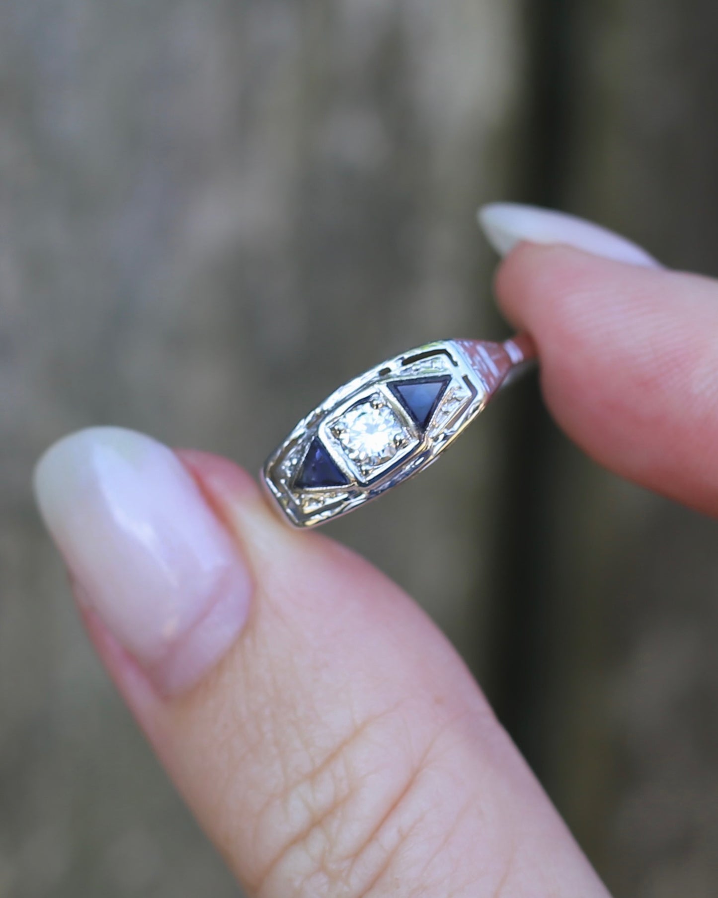 Art Deco Diamond and Sapphire Trilogy in Raised Handmade Engraved Floral Setting, 14ct White Gold, size U or 10 - offering free resize down to 7 or O, with valuation