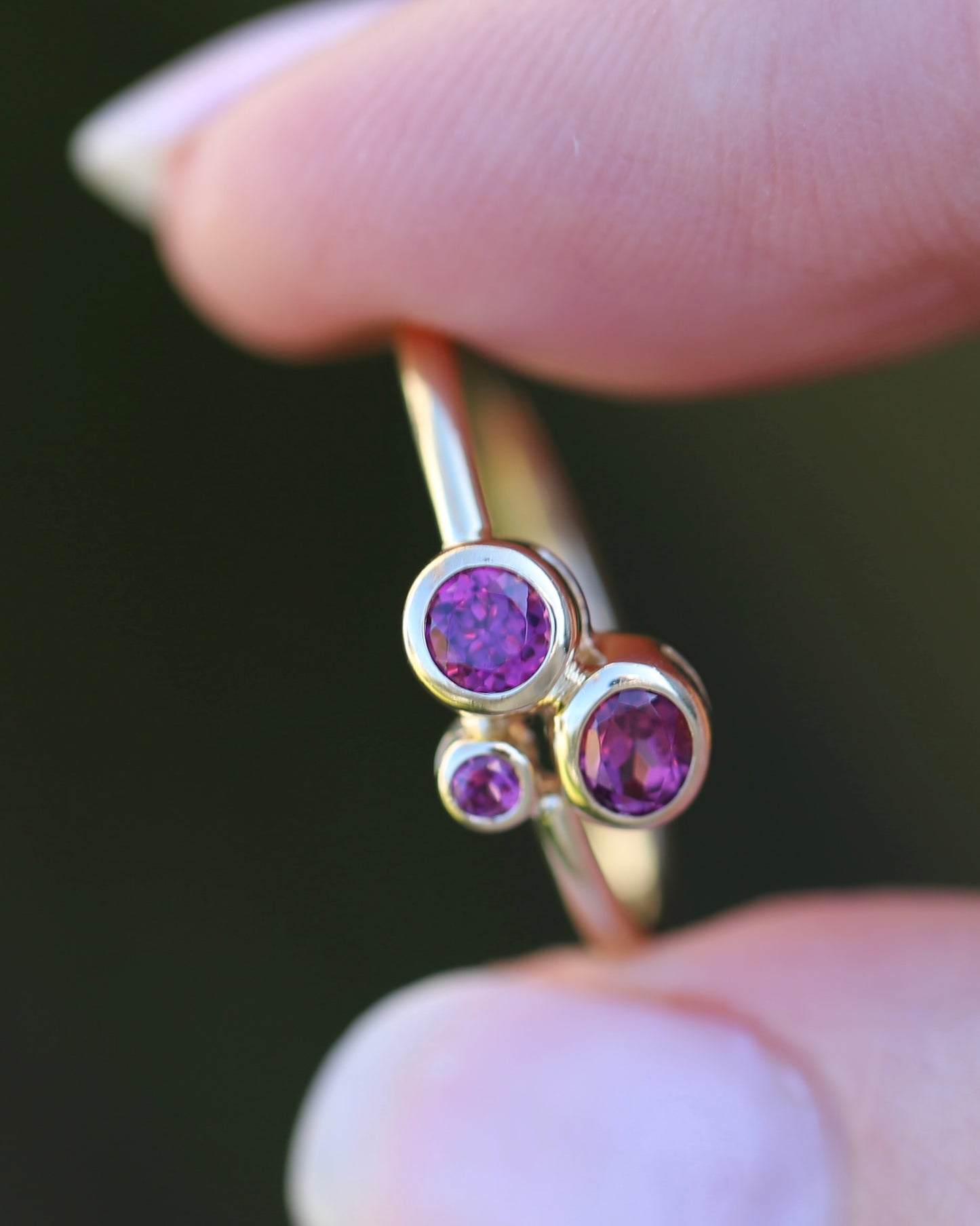 Rhodolite Garnet Three Stone Modern Bezel Set Bubble Trilogy, 9ct Yellow Gold, size O or 7.25, 1.75g