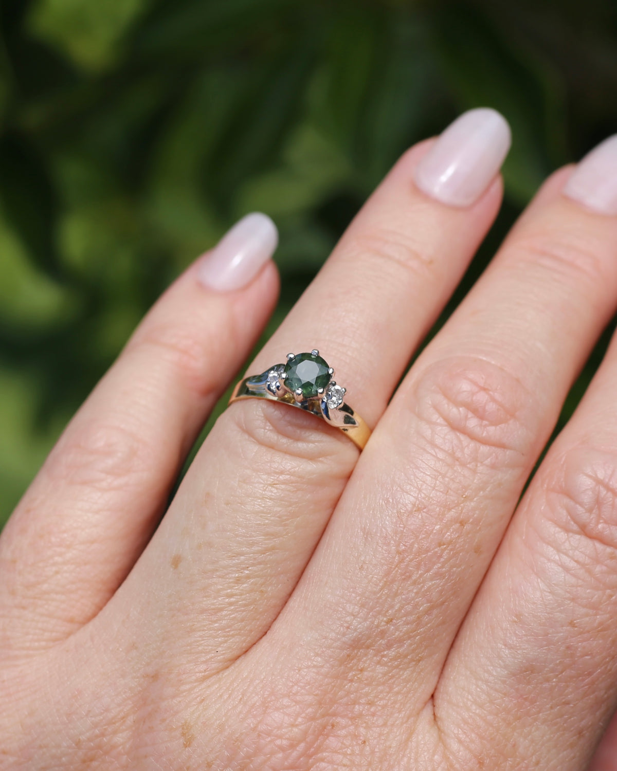 1ct Natural Green Sapphire Ring with White Spinel Side Stones, Silver and 9ct Yellow Gold, size M or 6.25, 2.1g